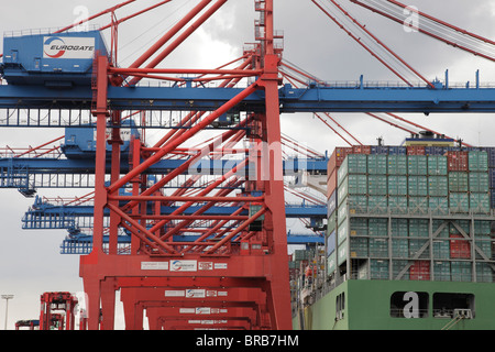 Containerschiff geladen am Eurogate Burchardkai in Hamburg, Deutschland Stockfoto