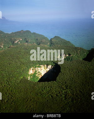 Luftaufnahme der Tepuis und Sarisariñama Doline, Jaua Sarisariñama-Nationalpark, Bundesstaat Bolivar, Venezuela, Südamerika Stockfoto