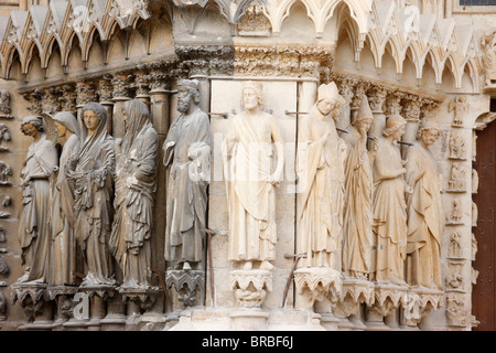 Statuen auf die Westfassade des Reims Kathedrale, UNESCO-Weltkulturerbe, Reims, Marne, Frankreich Stockfoto