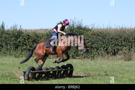 Ein Teeage Mädchen reiten eine schöne Bucht Welsh Cob Stockfoto