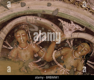 Detail der Wandgemälde an der Decke im Inneren der Höhle Nr. 17, Ajanta, UNESCO-Weltkulturerbe, Maharashtra, Indien Stockfoto