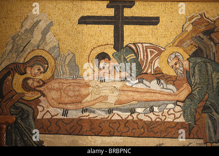 Griechisch-orthodoxe Ikone Darstellung Christi Grablegung, St.-Georgs orthodoxe Kirche, Madaba, Jordanien Stockfoto