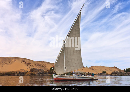 Ägypten Assuan Faluka Segeln Vergangenheit Wüstenlandschaft Stockfoto