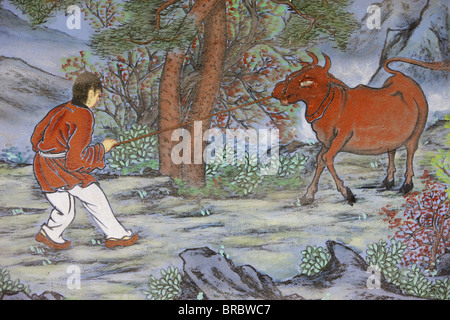 Malerei des Verfangens der Ochse, aus den zehn Ox Herding Bilder des Zen-Buddhismus, Seoul, Südkorea Stockfoto