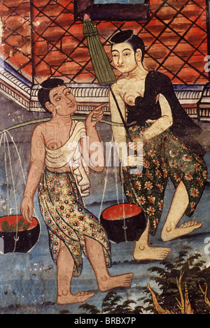 Detail der Wandmalereien der Sang Thong Tales, Viharn Laikam am Wat Phra Singh, Chiang Mai, Thailand Stockfoto