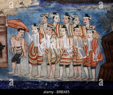 Detail der Thai Yai (Shan) Männer, Teil der Wandmalereien der Sang Thong Tales, Viharn Laikam am Wat Phra Singh, Chiang Mai, Thailand Stockfoto