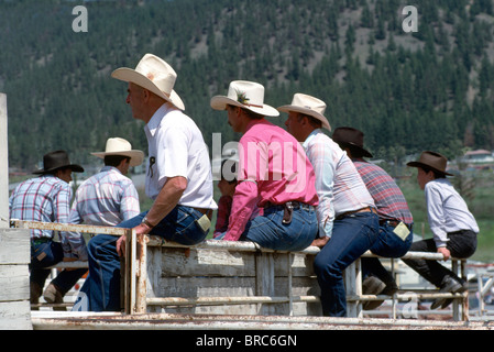 Cowboys auf Zaun hinter Rutschen sitzen und beobachtete Rodeo Stockfoto