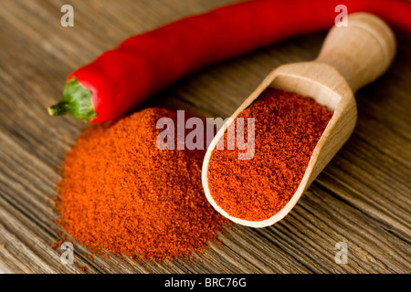 Rote heiße Paprikapulver auf Holzlöffel Stockfoto