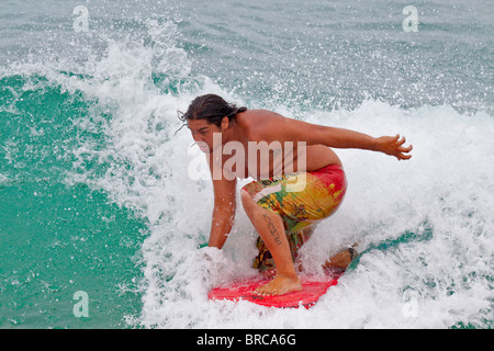 Boogie Boarder auf einer Welle aus Kapahulu Leiste-Waikiki, Oahu, USA. Stockfoto