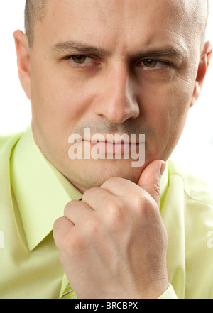 Closeup Portrait eines nachdenklich Geschäftsmann isoliert auf weißem Hintergrund Stockfoto