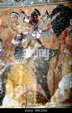 16. Jahrhundert Wandbilder in Virabhadra Tempel Decke in Lepakshi, Andhra Pradesh, Indien. Stockfoto