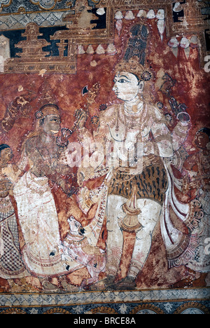 16. Jahrhundert Wandbilder in Virabhadra Tempel Decke in Lepakshi, Andhra Pradesh, Indien. Stockfoto