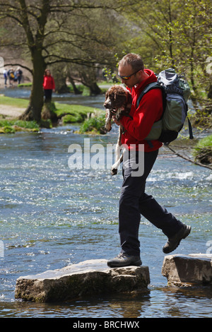 Wanderer mit seinem Hund über die Dovedale Stepping Stones, Peak District, Derbyshire. Stockfoto