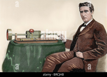 Edison, Thomas Alva (1847-1931). US-amerikanischer Erfinder. 19. Jahrhundert farbigen Gravur. Stockfoto