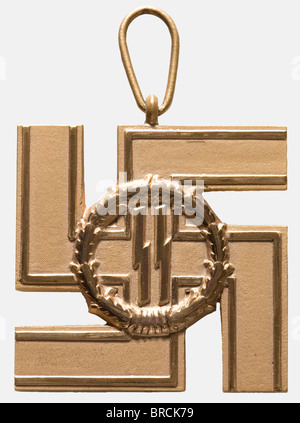 Ein SS Long Service Award 1st Class, Cross for 25 Years, in seinem Präsentationsfall Einzelstück, mattierte vergoldete Nichteisenmetalle mit polierten Kanten, tropfenförmigem Aufhängering auf gerippter Öse. Blaues Band mit goldgestickten Runen (Nie 6.03.05 A). Mit dem seltenen Preisauszeichnungsfall mit goldgestempelten Runen, rotem Samteinsatz aus Bordeaux, weißem Deckhimmel. Historisch, historisch, 1930er, 1930er, 20. Jahrhundert, Auszeichnungen, Preis, Deutsches Reich, Drittes Reich, NS-Zeit, Nationalsozialismus, Objekt, Objekte, Stills, Medaille, Dekoration, Medaillen, Dekorationen, Clipping, Schnitt, Stockfoto