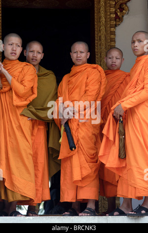 Buddhistische Mönche stehen auf der Veranda bei ihren Tempel vor der Jahresfeier Lao Neujahr und Parade in Luang Prabang, Laos Stockfoto