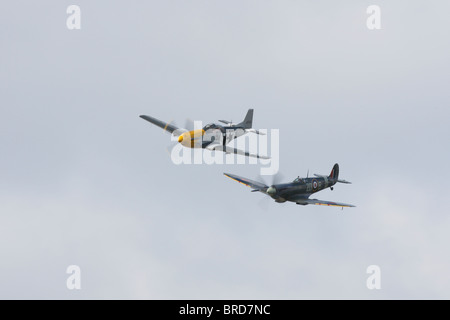 Ein P51D Mustang und ein Super Marine Mk IXB Spitfire in engen formation Stockfoto