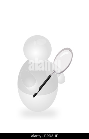 Stilisierte Person mit einer Lupe. Alle isoliert auf weißem Hintergrund. Stockfoto