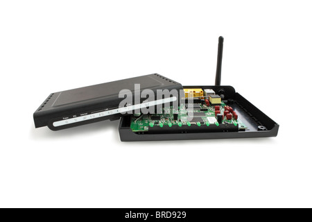 Modem zerlegt, Blick auf die elektronische Leiterplatten. Stockfoto