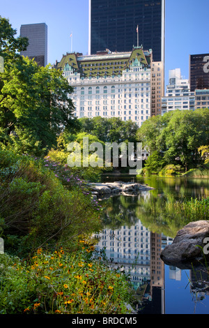 Teich im Central Park mit Reflexionen des Plaza Hotels und Gebäude von Manhattan, New York City, USA Stockfoto