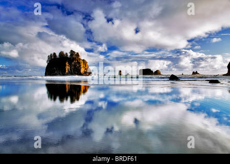 Zweiten Strand mit Wolken und Reflexion bei Ebbe. Olympic Nationalpark, Washington. Stockfoto