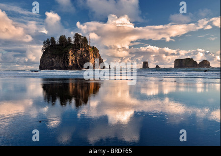 Zweiten Strand mit Wolken und Reflexion bei Ebbe. Olympic Nationalpark, Washington. Stockfoto