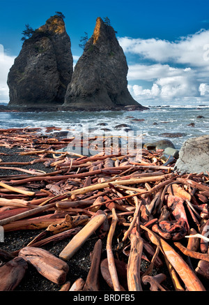 Treibholz und Split Rock. Rialto Beach. Olympic Nationalpark, Washington Stockfoto