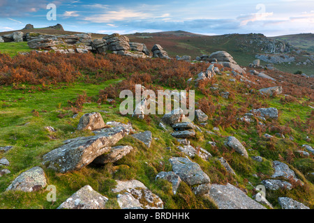 Blick vom Logan Stein auf Haytor Rocks und Holwell Tor. Dartmoor-Nationalpark. Stockfoto