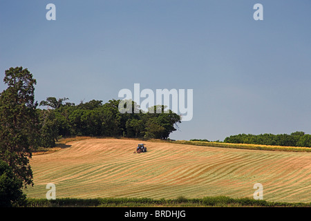 Ein Traktor wird Heu in einem Feld in Cannington Somerset England UK Stockfoto