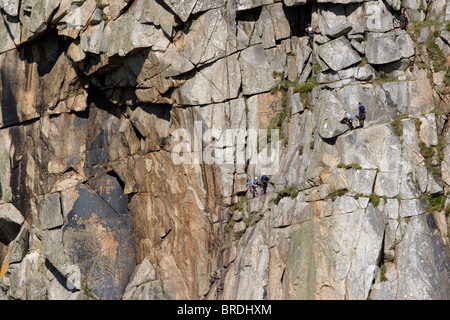 Kletterer mit Seilen aufsteigenden Bosigran Cliff, Morvah, Cornwall Stockfoto