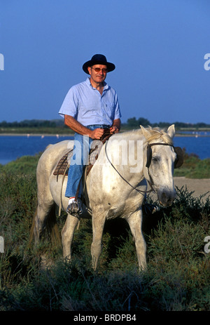 Der Franzose, der französische Mann, touristische, Reiten, Reiten, Pferd, Camarguais Camarguais Pferde, die Camargue, Bouches-du-Rhone, Frankreich, Europa Stockfoto