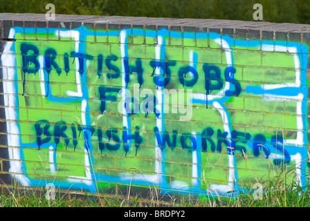 Politisches Schlagwort sicher auf ein Ziegel Wand "britische Jobs für britische Arbeiter", gemalt. Stockfoto