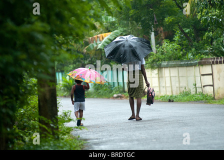 Ein Alter Mann ist auf dem Weg zu seinem Enkel zur Schule während eines Monsuns fallen; Regentag in Alappuzha; Alleppey, Kuttanad, Kerala. Stockfoto