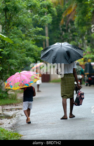 Ein Alter Mann ist auf dem Weg zu seinem Enkel zur Schule während eines Monsuns fallen; Regentag in Alappuzha; Alleppey, Kuttanad, Kerala. Stockfoto