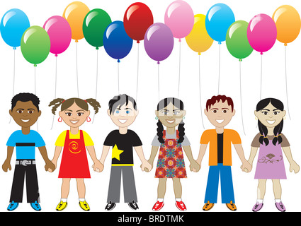 Vektor der sechs niedliche glückliche Kinder mit Luftballons. Kann als eine Einladung, Grußkarte, danke Poster und vieles mehr verwendet werden. Stockfoto
