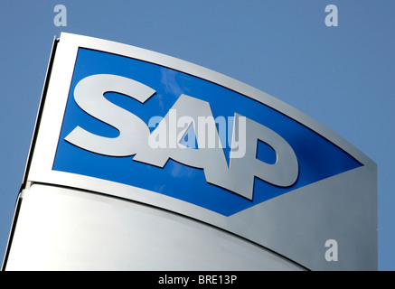Firmenlogo in der Zentrale des Software-Unternehmens SAP AG in Walldorf, Baden-Württemberg, Deutschland, Europa Stockfoto