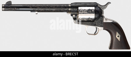 Ein Colt SAA "Sesquicentennial Model", Eines von 50, cal..45 LC, Nr. 2100SC. Helle Bohrung, Länge 7 1/2', Hersteller, Modell und Kaliber auf der linken und rechten oberen Fläche markiert. Vier Ringe in weißem Gold eingefasst. Zylinder, Auslöseschutz und Griffrahmen versilbert. Auf der Unterseite des Griffs die Faksimile-Signatur von Samuel Colt. Alle Teile mit feiner Weingravur. Dunkle Griffplatten aus tropischem Holz. Mit einem Holzkoffer aus rotem samt. Case enthält zwölf Attrappen, eine Medaille zu Ehren der Sesquicentennial von Samuel Colt sowie das Buch "The Arms Collection of Colon, Stockfoto