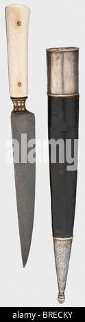 Eine goldeingelegte persische Karde, etwa 1800 EINE robuste dunkle Wootz-Damaszener Klinge mit einem zurückgeschnittenen und einer eingekesselten, goldeingelegten Ferrule. Goldeingelegter Griffrahmen, oben verziert mit floraler Ornamentik und einem Löwen zwischen Antilopen. Der Boden ist mit goldenem Weinstockschmuck versehen. Später Elfenbeingriffschuppen. Mit Leder überzogene Holzschrecke mit fein gravierten und niellotierten silberfarbenen Papieren und glattem silberfarbenem Lockenstab. Kard Länge 34,7 cm. Historisch, historisch, 19. Jahrhundert, Perserreich, Objekt, Objekte, Stills, Clipping, Ausschnitte, Ausschnitte, Ausschnitte, Ausschnitte, Waffe, Waffen, Waffe, Waffe, Stockfoto