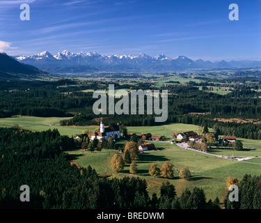 Luftbild, Wieskirche Kirche in der Nähe von Steingaden, Tannheim Range, Pfaffenwinkel, Oberbayern, Deutschland, Europa Stockfoto