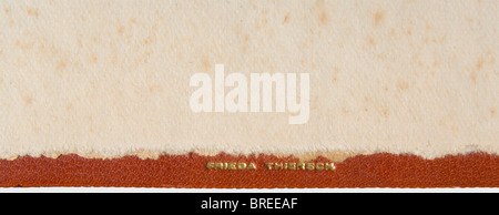 Eine Mappe für das Termindokument an Generalfeldmarschall Frieda Thiersch rotbraune Ledermappe, Maße 34,5 x 46 cm. Auf der Vorderseite ist ein in Gold gestempelter nationaler Adler zu sehen. Der Innenraum ist mit Papier verkleidet (leicht feucht-fleckig). In der Mitte des rechten unteren Randes befindet sich die goldgestempelte Maklermarke "Frieda Thiersch". Die Mappe für das Generalfeldmarschall-Dokument unterscheidet sich in ihrer Größe von denen für Generale und für die Gewinner des Ritterkreuzes. Leicht eingedrückt: Historisch, historisch, 1930er, 20. Jahrhundert, Armee, Armeen, Streitkräfte, Militär, Militar, Stockfoto