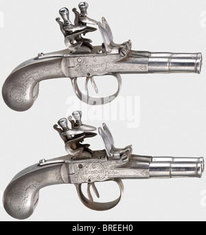 Ein Paar doppelbarriger Ganzeisenpistolen mit flintlockiger Tasche, Segalas, Liège, ca. 1800. Seitlich abgestellte Fässer mit geflohenen Bohrungen im Kaliber 8 mm mit Kanonenschaufeln. Eisenbutt und Boxenschloss-Aktionen mit graviert rocailleverzierung und an den Seiten mit der Aufschrift "SEGALAS LONDON". Länge je 15,3 cm. Historisch, historisch, 19. Jahrhundert, zivile Handfeuerwaffen, zivile Handfeuerwaffen, Handfeuerwaffen, Handfeuerwaffen, Pistolen, Schusswaffen, Feuerwaffen, Feuerwaffen, Waffen, Waffen, Waffe, Arm, Gegenstand, Objekte, Fotos, Clipping, Clipping, Ausschneiden, Ausschneiden, Ausschneiden, Stockfoto