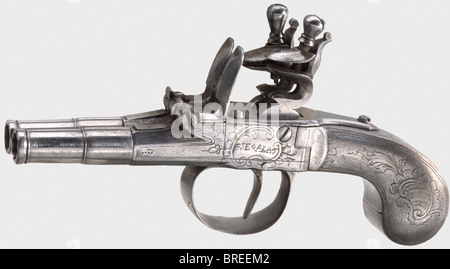 Ein Paar doppelbarriger Ganzeisenpistolen mit flintlockiger Tasche, Segalas, Liège, ca. 1800. Seitlich abgestellte Fässer mit geflohenen Bohrungen im Kaliber 8 mm mit Kanonenschaufeln. Eisenbutt und Boxenschloss-Aktionen mit graviert rocailleverzierung und an den Seiten mit der Aufschrift "SEGALAS LONDON". Länge je 15,3 cm. Historisch, historisch, 19. Jahrhundert, zivile Handfeuerwaffen, zivile Handfeuerwaffen, Handfeuerwaffen, Handfeuerwaffen, Pistolen, Schusswaffen, Feuerwaffen, Feuerwaffen, Waffen, Waffen, Waffe, Arm, Gegenstand, Objekte, Fotos, Clipping, Clipping, Ausschneiden, Ausschneiden, Ausschneiden, Stockfoto