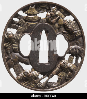 Eine japanische Tsuba, Soten School, ca. 1700 Eisen Tsuba in marugata-Form. Dreidimensionale hikone-bori und Dogan Iroe aus Kupfer, Silber und Gold verschiedener Farben. Darstellung von Prinz Hideyoshi und fünf Samurai in voller Rüstung, die Noda Castle belagern und die Wasserversorgung der Festung stören. Höhe 76 mm, Rand 5,2 mm. Historisch, historisch, 18. Jahrhundert, Japanisch, Asien, Asien, Fernost, Objekt, Objekte, Stills, Clipping, Ausschnitte, Ausschnitte, Ausschnitte, Ausschnitte, exotisch, bizarr, Stockfoto