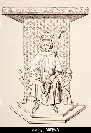 König Louis IX von Frankreich, sitzend 1214-1270, auf seinem Thron mit einem Fleur-Wandbehang hinter ihm. Stockfoto