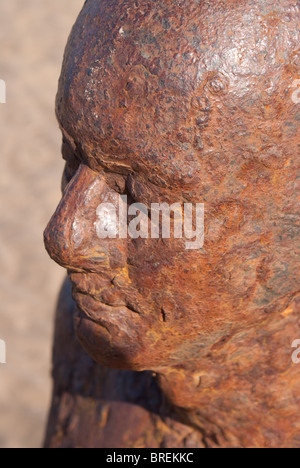 Der Kopf eines von hundert Ironmen Skulptur Kunst-Installation von Anthony Gormley, am Strand von Sefton, England, UK. Stockfoto