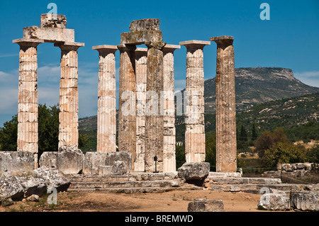 Säulen des Zeustempels (einige vor kurzem rekonstruiert) am alten Nemea, Korinthia, Peloponnes, Griechenland Stockfoto