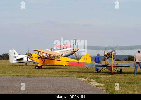 Piper Cub J3, Leopoldoff L5 Colibri und Mustang P - 51D, Flugplatz de Cerny - La Ferte-Alais, Amicale Jean-Baptiste Salis in der Nähe von Paris Stockfoto