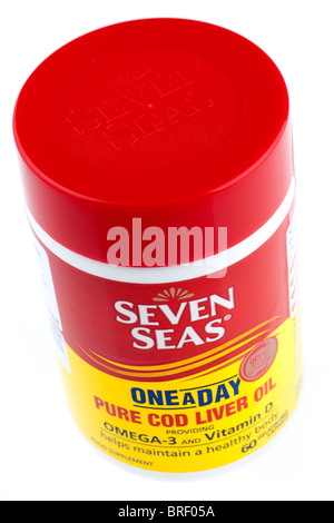 Seven Seas ein A Tag Pure Kabeljau Leber Öl Kapseln container Stockfoto