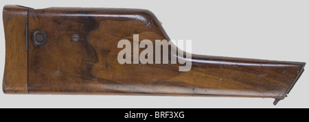 Armes à fu, Pistolet Mauser C96, Kaliber 9 mm Parabellum, nein 108304, aigle impérial de Réception sur la face avant du magasin. Arme entièrement rebronzée, y compris les pièces primitivement jaunies. Complet avec son étui crosse en noyer veiné, numéro 344, garnitures métalliques repeintes. Première catégorie. Erwerbsscheipflichtig., , Stockfoto