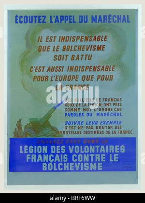 Affiches, Affiche en couleurs 'Légion des Volontaires Français contre le Bolchévisme', taille 1,09 x 0,76, encadrée et entoilée. Seltener Affiche comportant un Texte sur fond de dessin de tirs d'artillerie: "Ecoutez l'appel du Maréchal, il est unentbehrlich que le bolchévisme soit battu...Engagez-vous dans la Légion des Volontaires Français contre le bolchévisme". Imprimerie Spéciale de la LVF., , Stockfoto